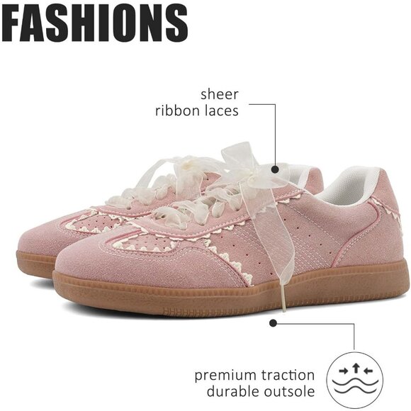 Women's Light Pink Casual Crochet Ribbon Ballet Trendy Spring Sneakers Shoes - Picture 4 of 9